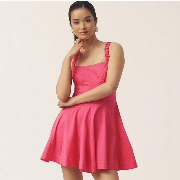 NWT By Anthropologie Plunge Drop Waist A Line Mini Dress Fuchsia Pink Strappy LG